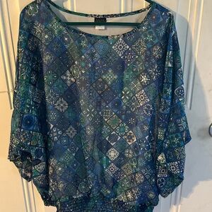Salon Studio XL Blue Boho Blouse Sheer Flowy Top Elastic Hem Lightweight Women’s
